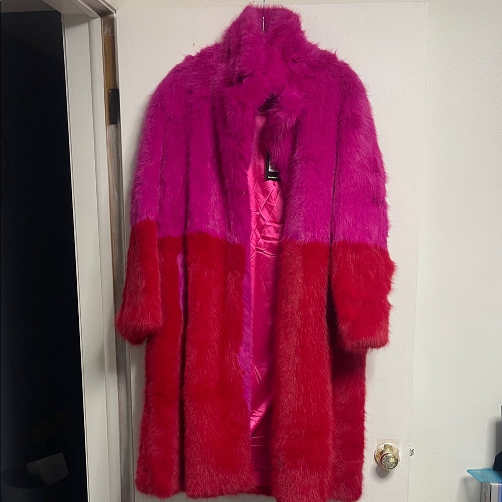 Vibrant Pink and Red Faux Fur Coat